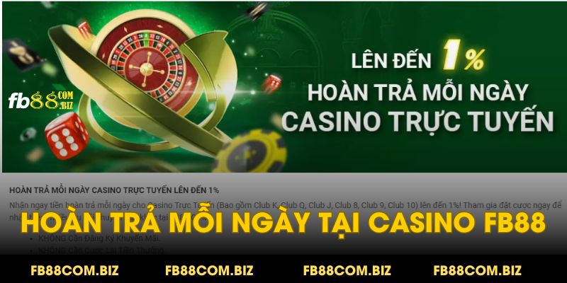 Nhận hoàn tiền cược lên tới 1% khi tham gia giải trí tại casino fb88