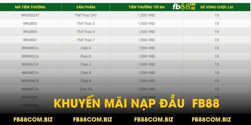 Bảng chi tiết về mã tiền thưởng khuyến mãi nạp đầu tặng 38% tại fb88